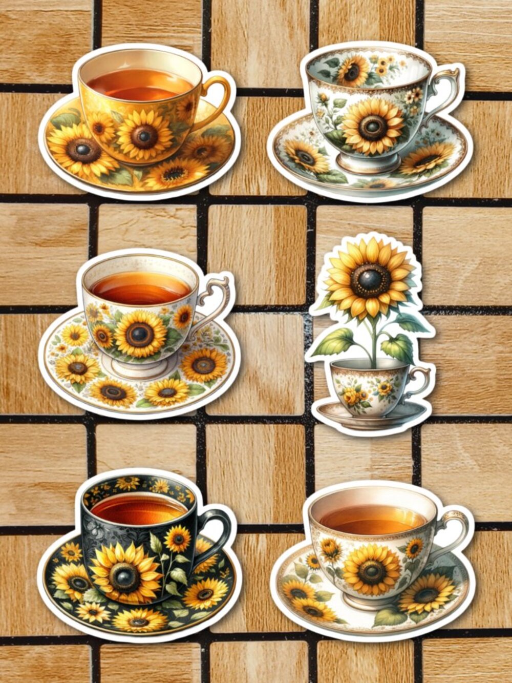 Floral Tea Cup Sticker Pack of 6 Vinyl Stickers Waterproof Sunflower Stickers